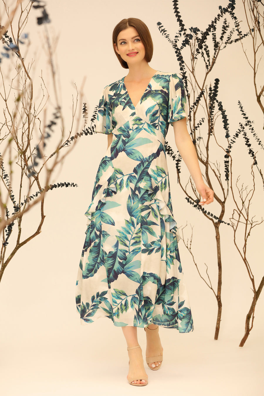 FLUTTER SLEEVE RUFFLE MIDI DRESS – Maggy London