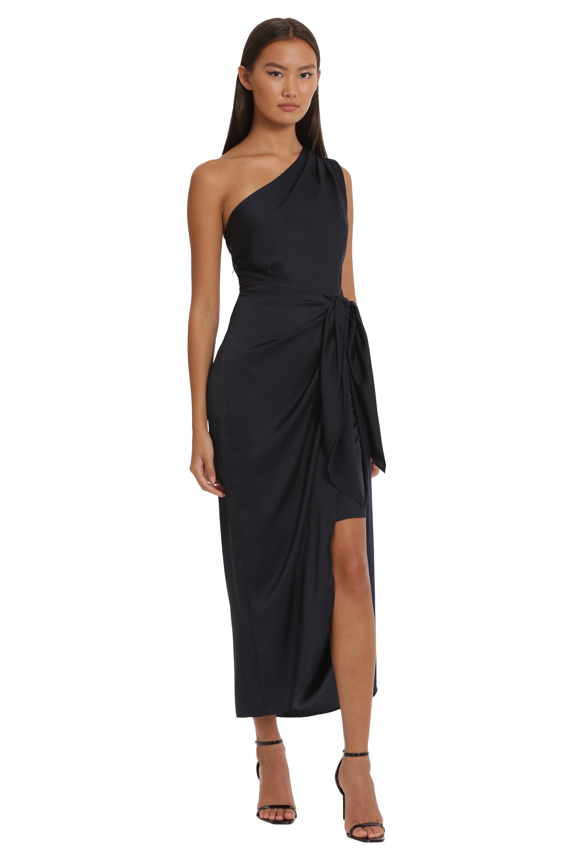 ONE SHOULDER DRAPED SKIRT WITH WAIST TIE – Maggy London