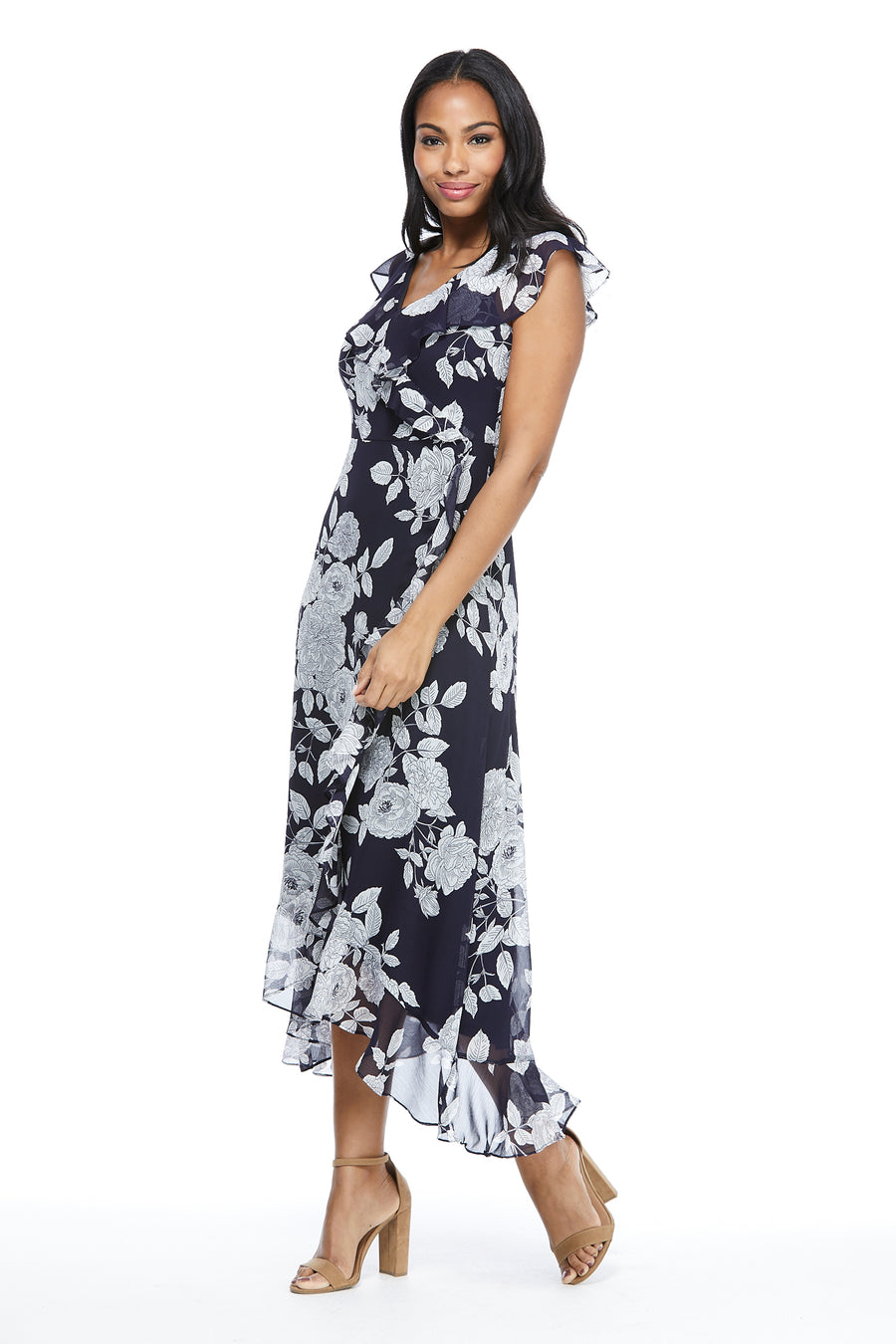 Alessandra Ruffle Faux Wrap Dress in Line Bloom A-Line | London Times Maggy London Alessandra Ruffle Faux Wrap Dress in Line Bloom A-Line | London Times Maggy London