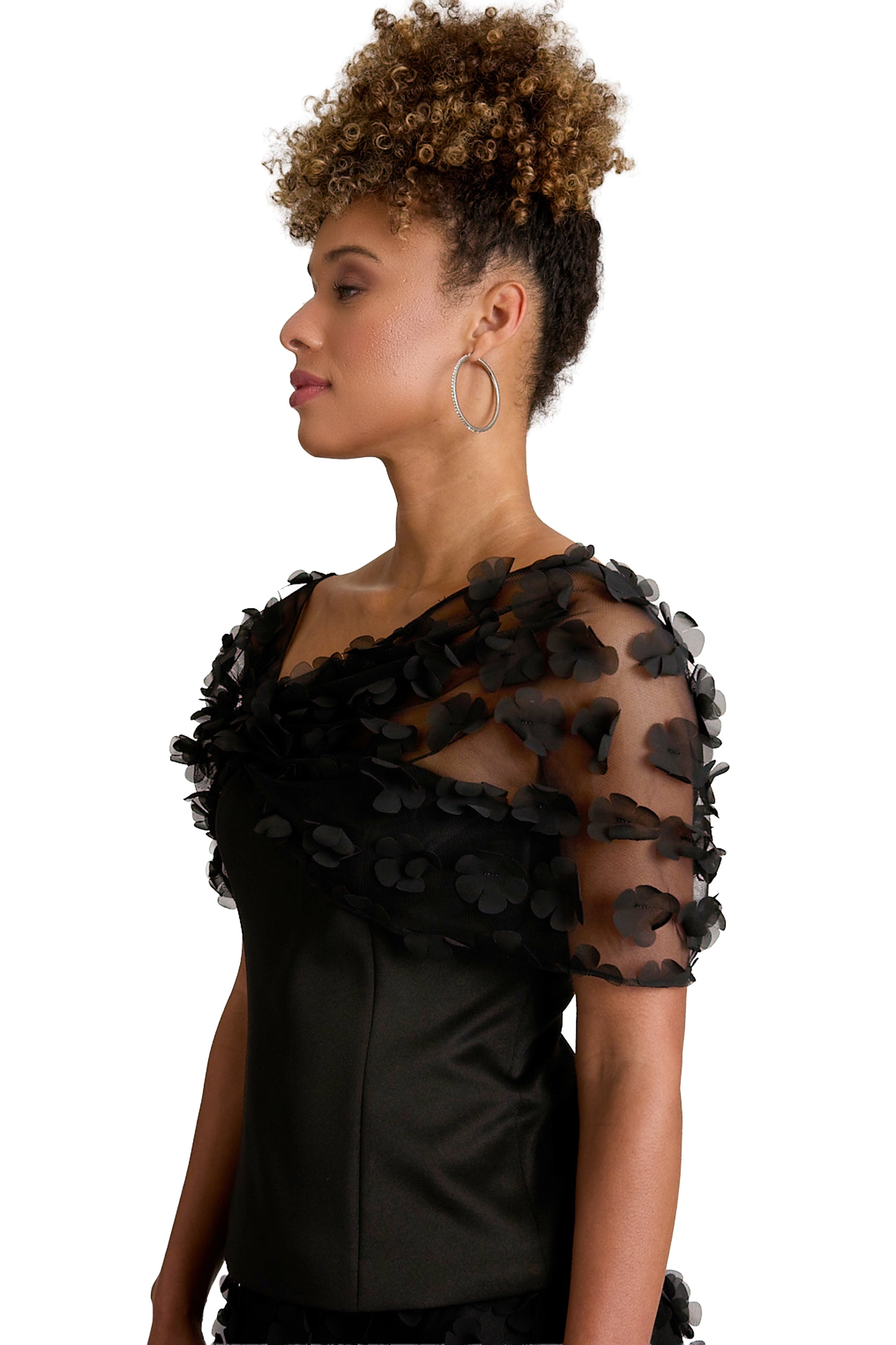 Tudor 3D Mesh Flower Shawl Blouse Mini Top | Muse by Maggy London