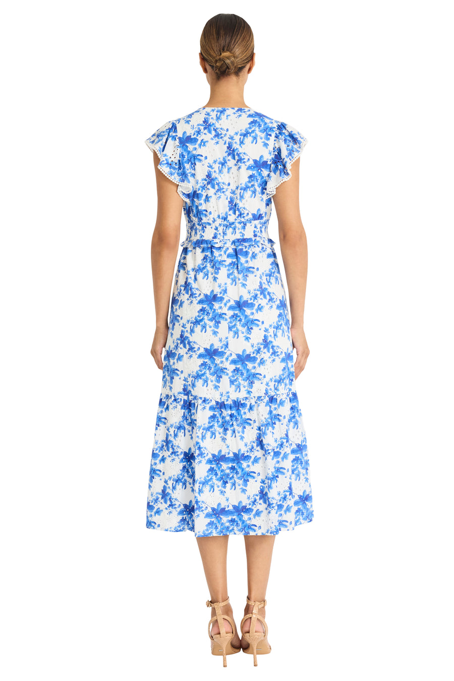 Maggy London Eyelet Floral Print V-Neck Short Sleeve A-Line Midi Dress, Womens, 2, Blue White Maggy London Eyelet Floral Print V-Neck Short Sleeve A-Line Midi Dress, Womens, 2, Blue White