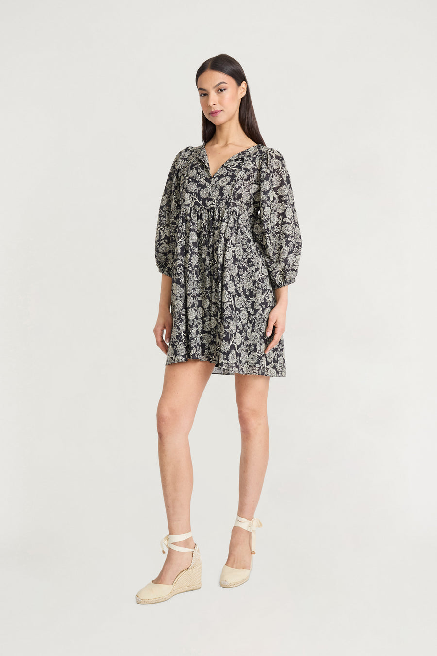Leonard Cotton Babydoll Empire Waist Long Sleeve | The Good Journey BLACK/CREAM / Standard / 16 Leonard Cotton Babydoll Empire Waist Long Sleeve | The Good Journey BLACK/CREAM / Standard / 16