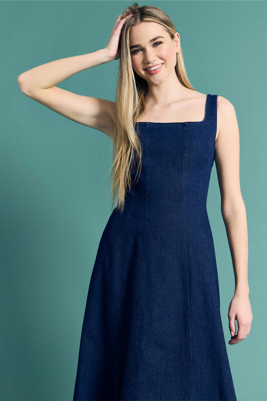Arielle Cotton Stretch Square Neck Denim Midi