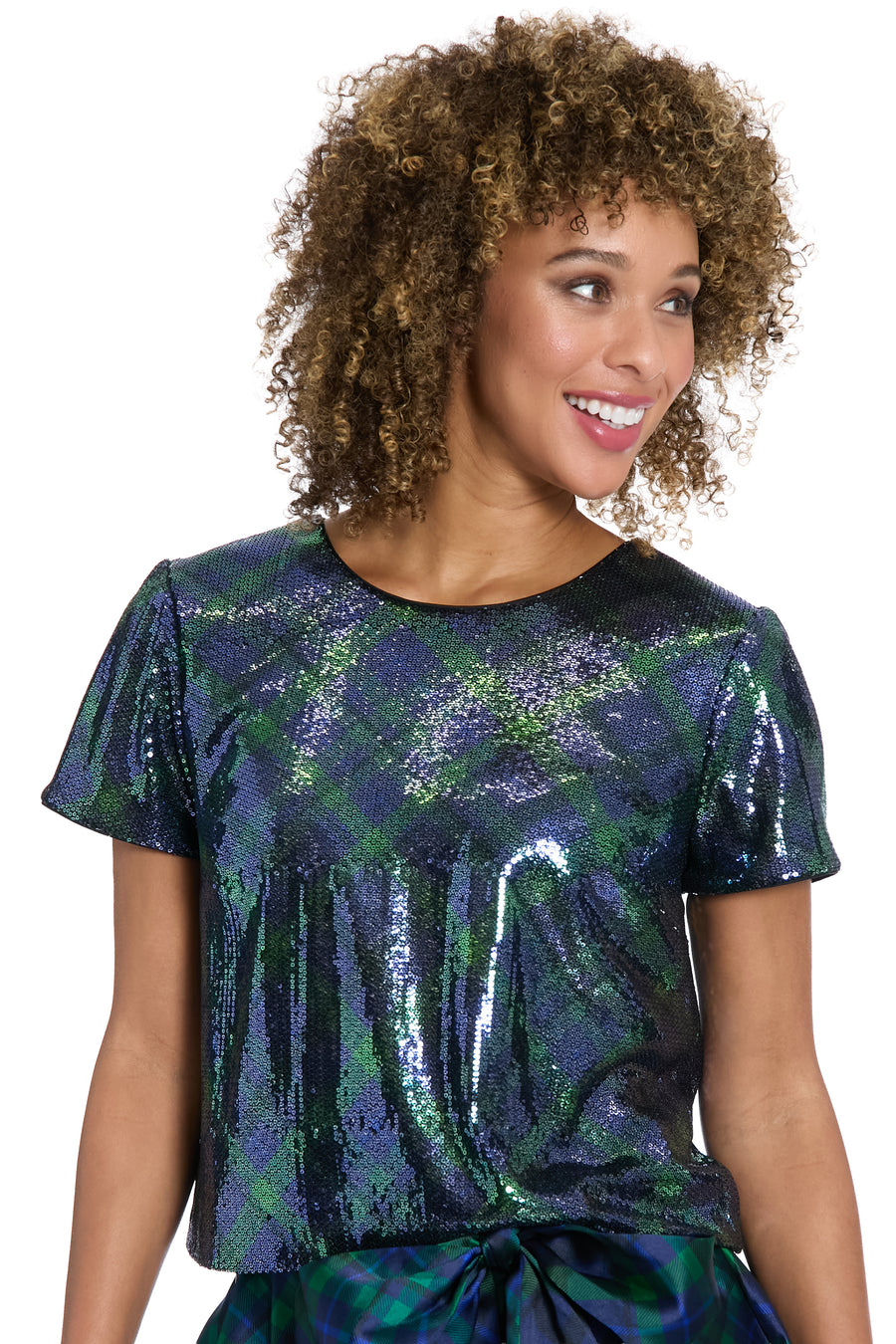 Roosevelt Sequined Plaid Short Sleeve Party Top