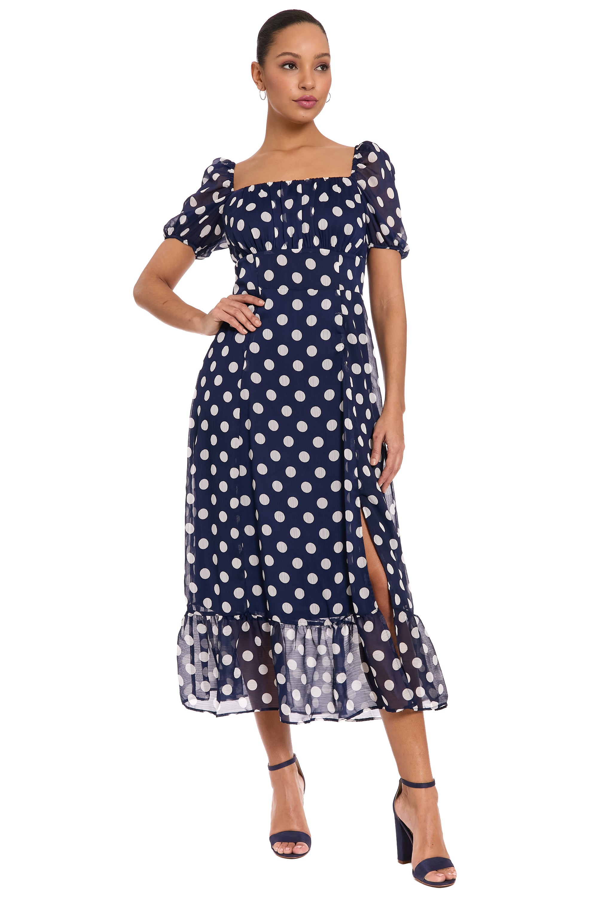 Kristin Puff Sleeve Midi in Chiffon Fit and Flare | London Times ...