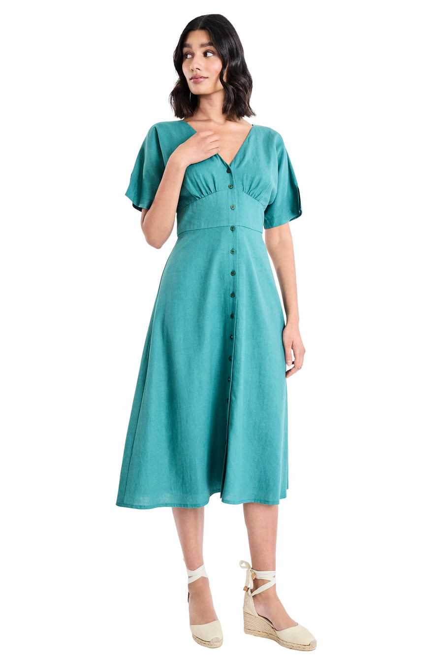 Lilith Button Front Flutter Sleeve Dress