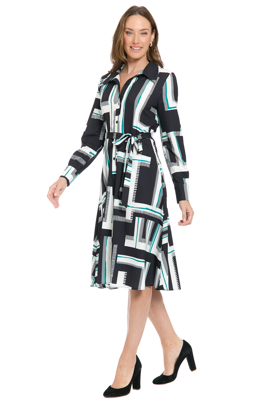 London Times Women's PRINT SHIRT DRESS WITH BELT, Green, 24 W