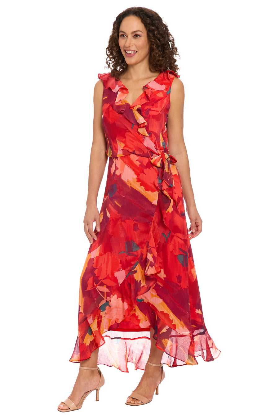 London Times Women's Faux-Wrap Ruffle-Hem Maxi Dress - Blue Multi London Times Women's Faux-Wrap Ruffle-Hem Maxi Dress - Blue Multi
