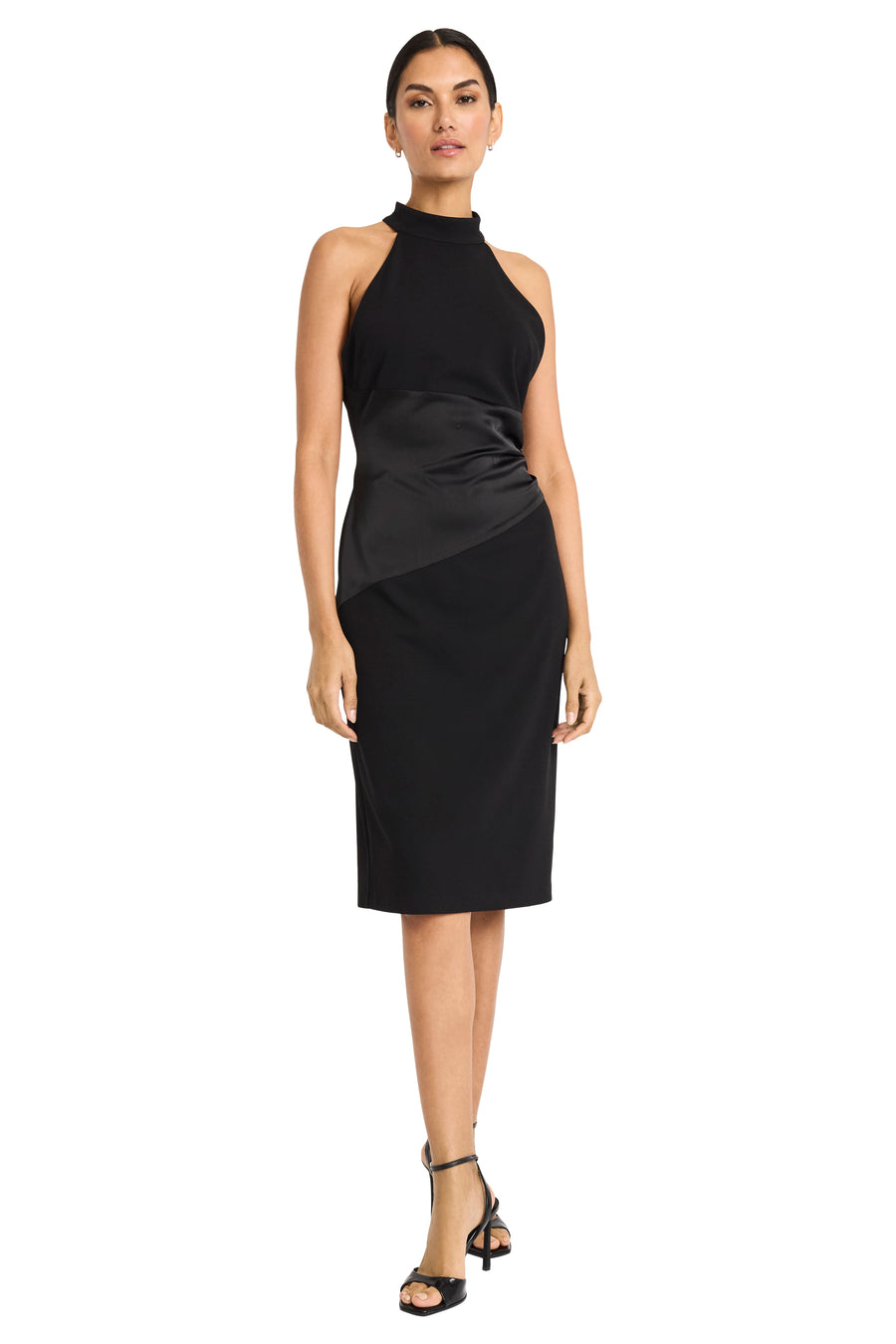 Maggy London Scuba Crepe Halter Neck Sleeve Satin Drape Sheath Midi Dress, Womens, 14, Black Maggy London Scuba Crepe Halter Neck Sleeve Satin Drape Sheath Midi Dress, Womens, 14, Black