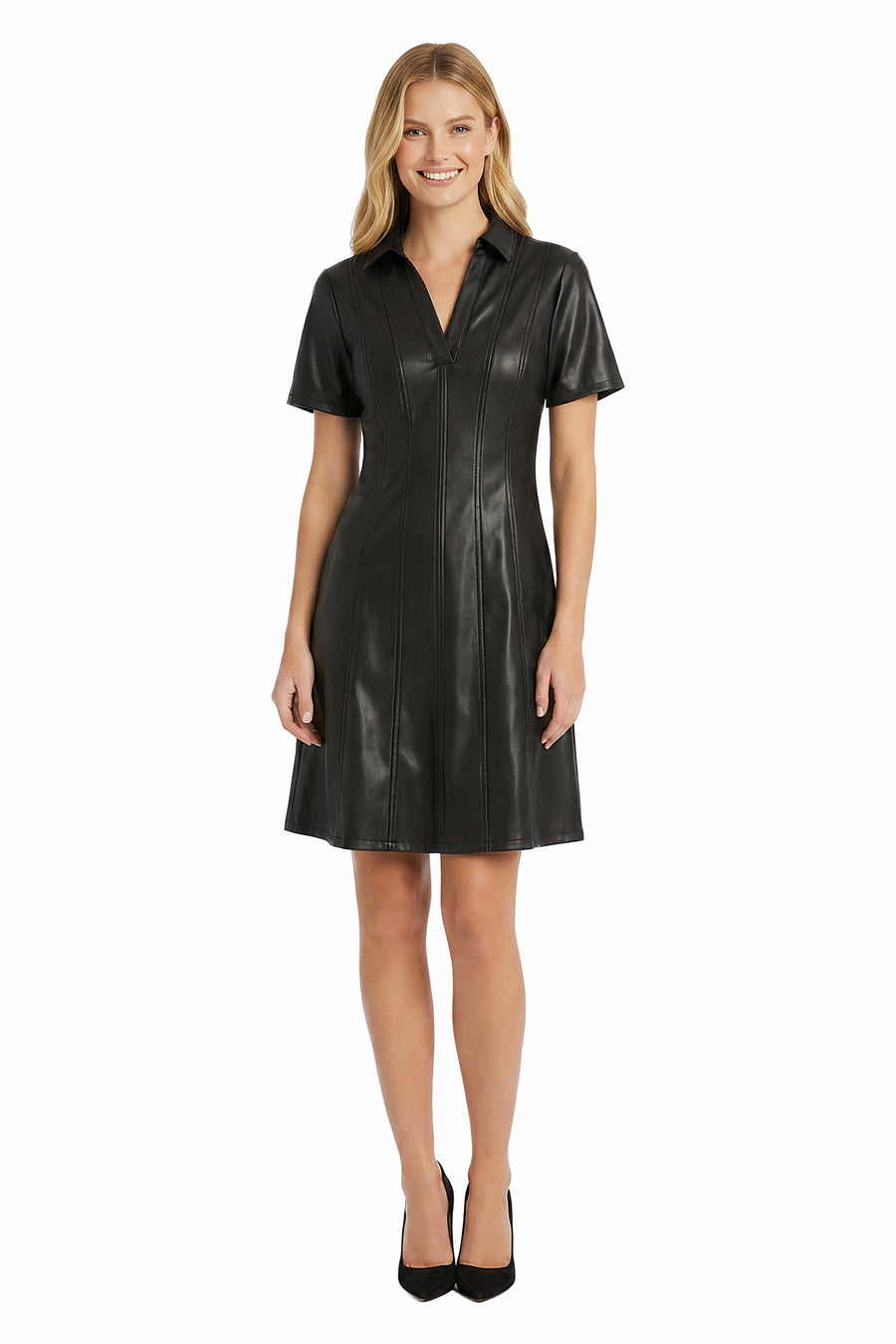 Imara Faux Leather Collar Topstitched Dress