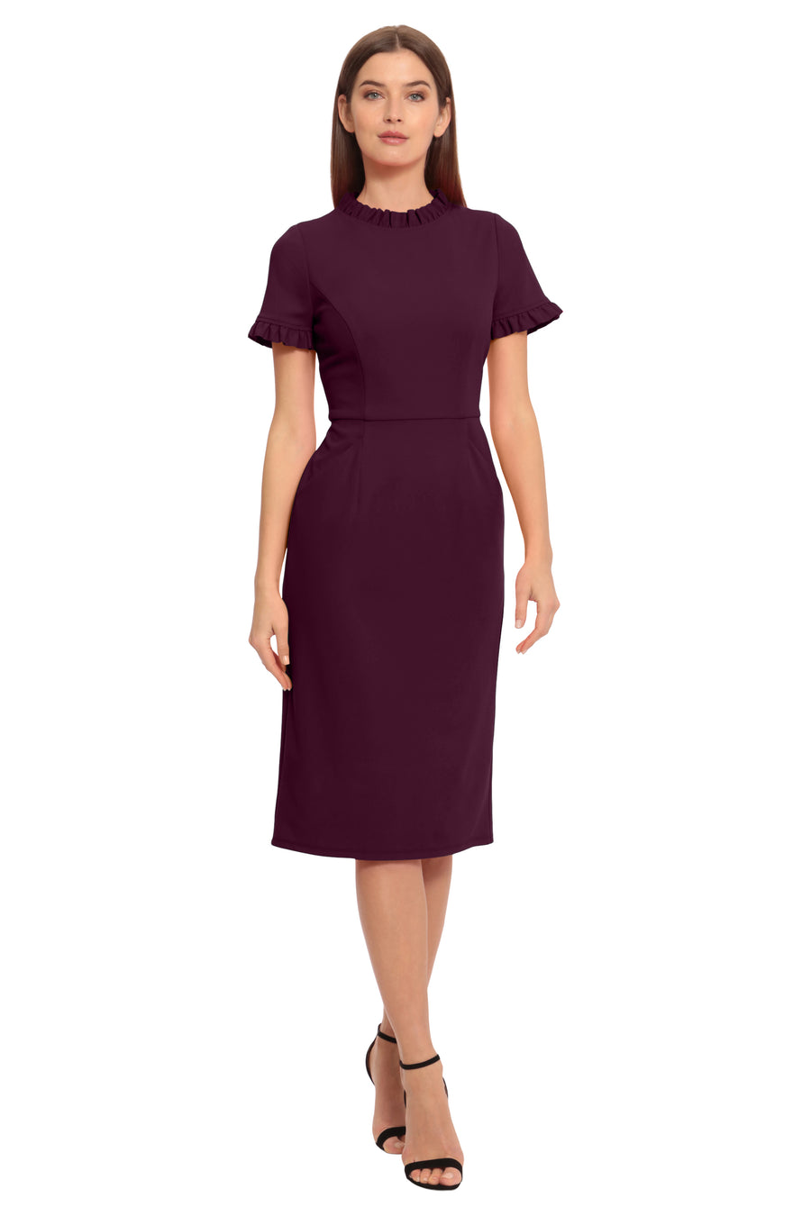 RUFFLE COLLAR SLANT POCKET SHEATH DRESS Maggy London RUFFLE COLLAR SLANT POCKET SHEATH DRESS Maggy London