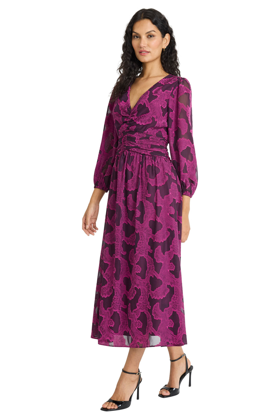 Juliana Ruched Waist V-neck Flocked Midi