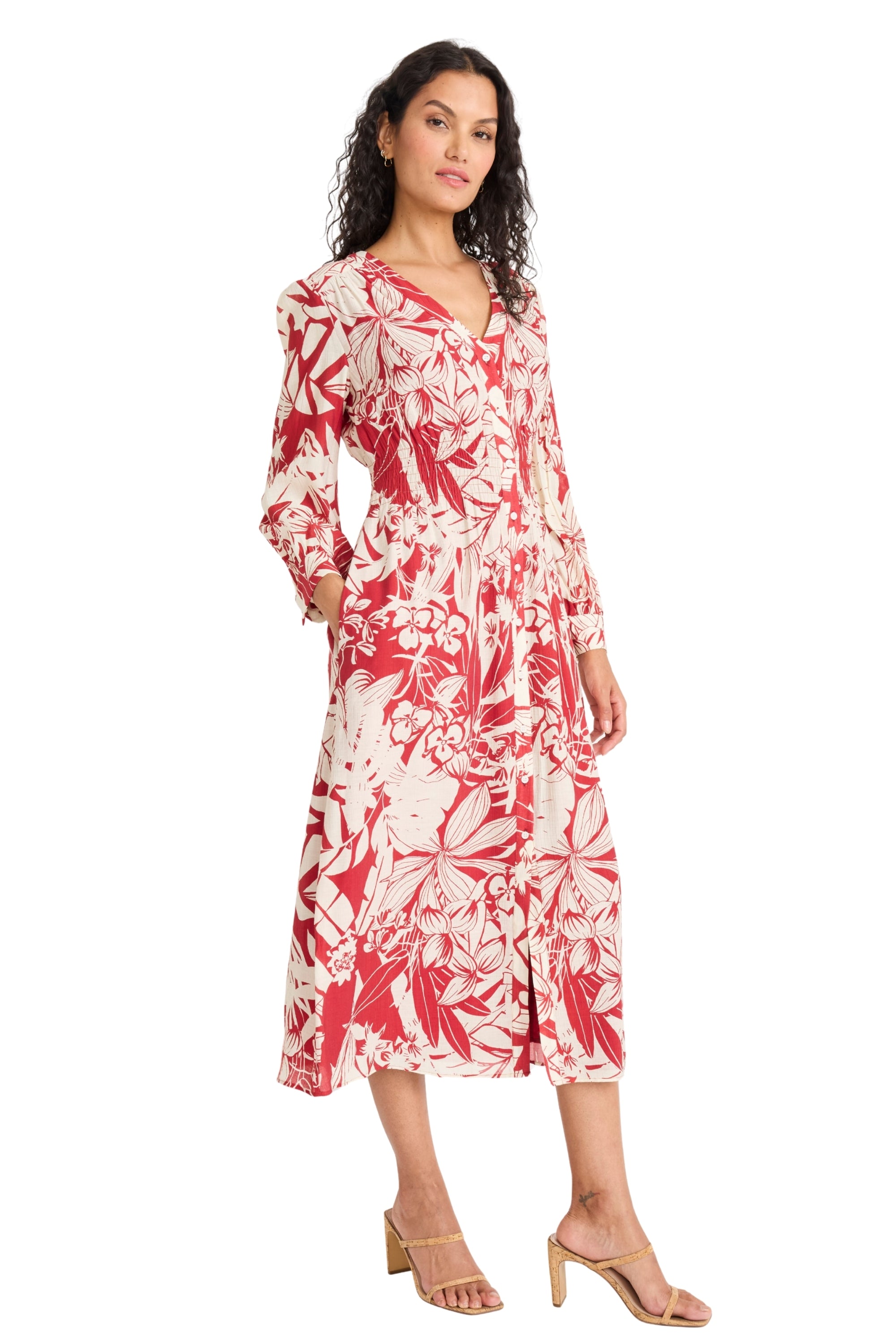 Vivianne Button Front Midi Dress A-Line Long Sleeve | Maggy London RED/IVORY / Standard / l