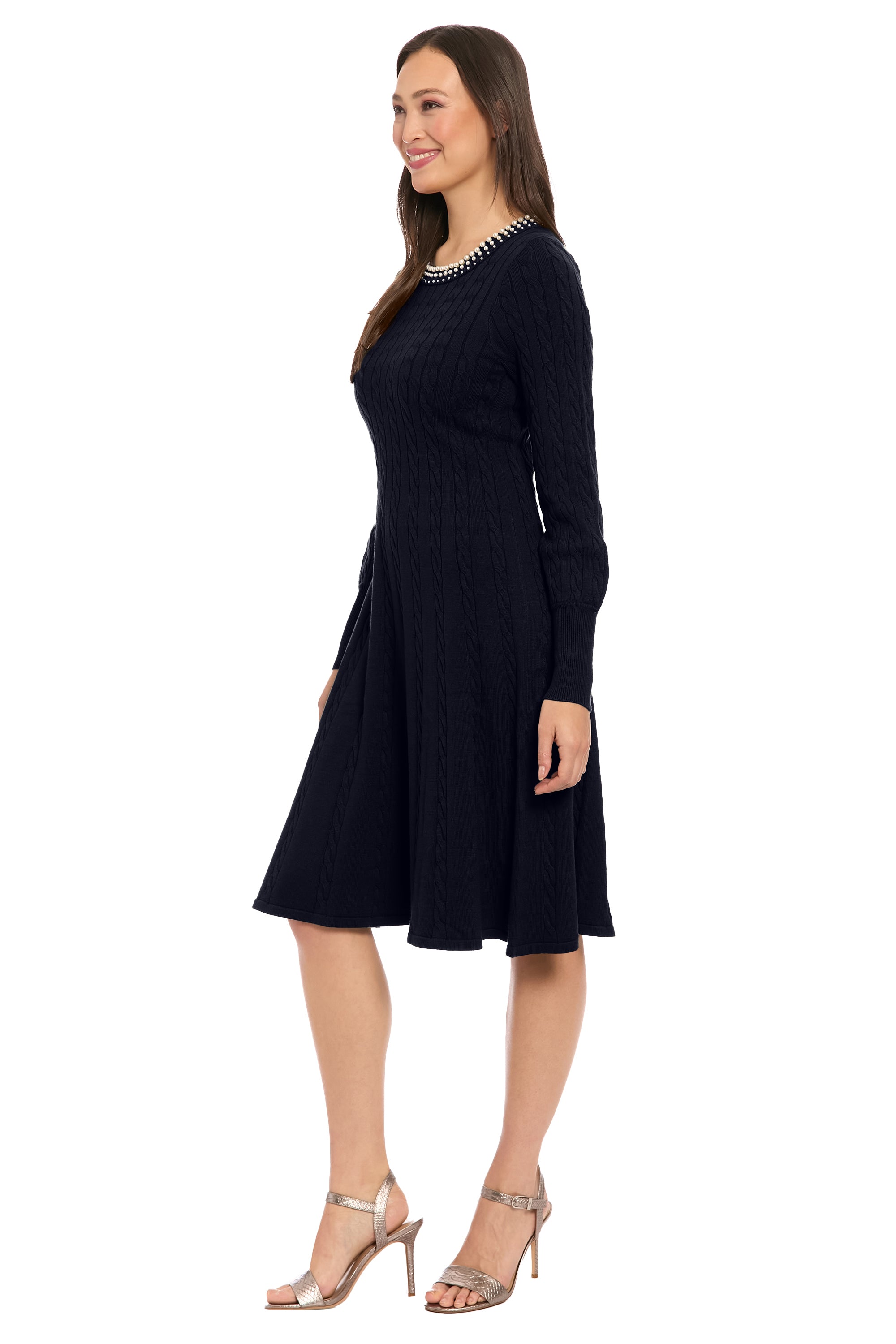 London Times Women's Pearl Neck Cable KNIT Sweater DRESS, Navy Blue, Medium London Times Women's Pearl Neck Cable KNIT Sweater DRESS, Navy Blue, Medium