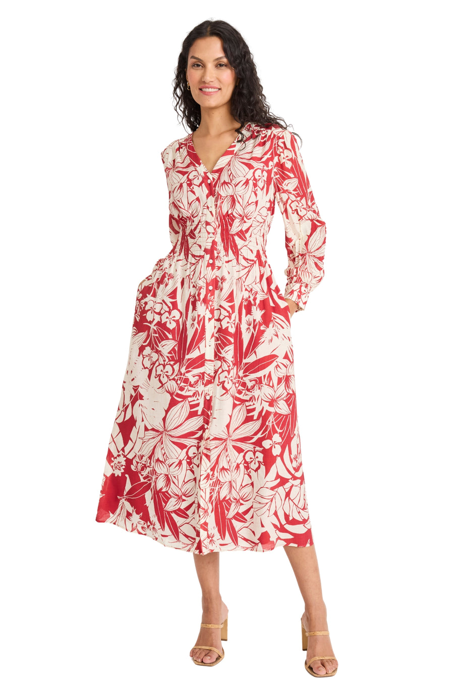 Vivianne Button Front Midi Dress A-Line Long Sleeve | Maggy London Red/Ivory / Standard / L Vivianne Button Front Midi Dress A-Line Long Sleeve | Maggy London Red/Ivory / Standard / L