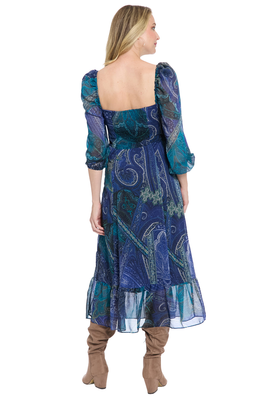 Kristin 3/4 Puff Sleeve Midi in Paisley Chiffon