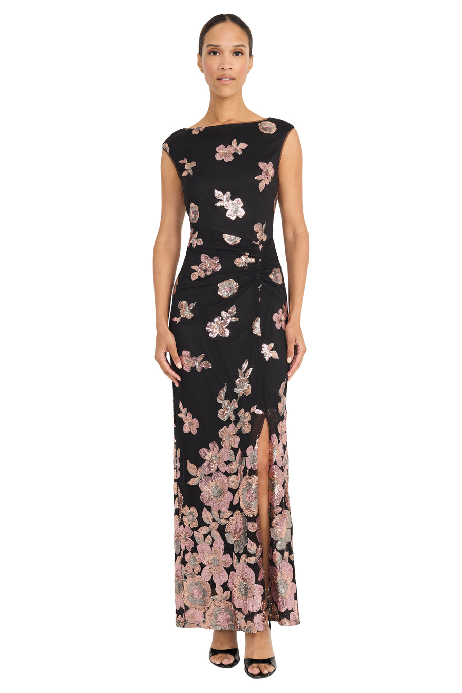 Lucie Boat Neck Front Slit Sequin Gown Sheath | Maggy London Lucie Boat Neck Front Slit Sequin Gown Sheath | Maggy London