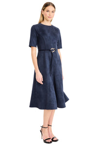 Elea Elbow Sleeve Midi Dress with Belt in Suede
