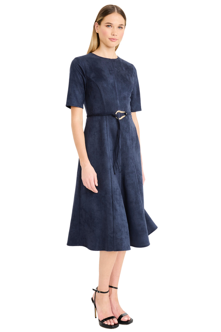 Elea Elbow Sleeve Midi Dress with Belt in Suede