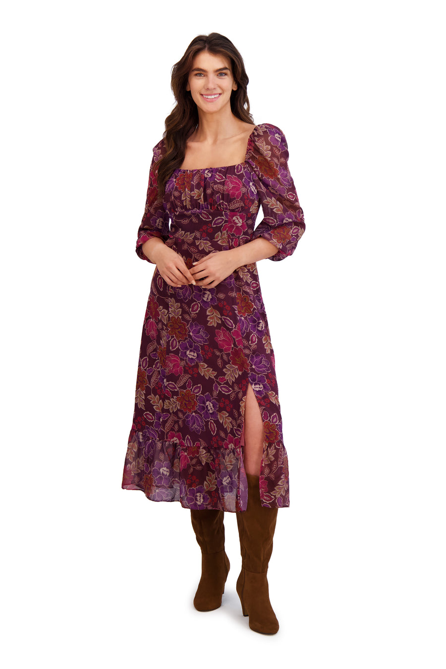 Kristin 3/4 Puff Sleeve Midi in Botanical Chiffon