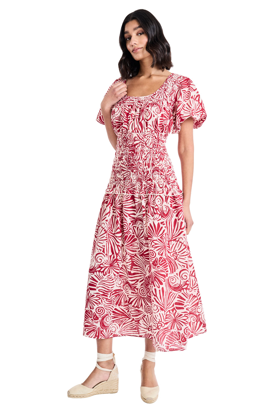 Joseph Smocked Puff Sleeve Midi Dress