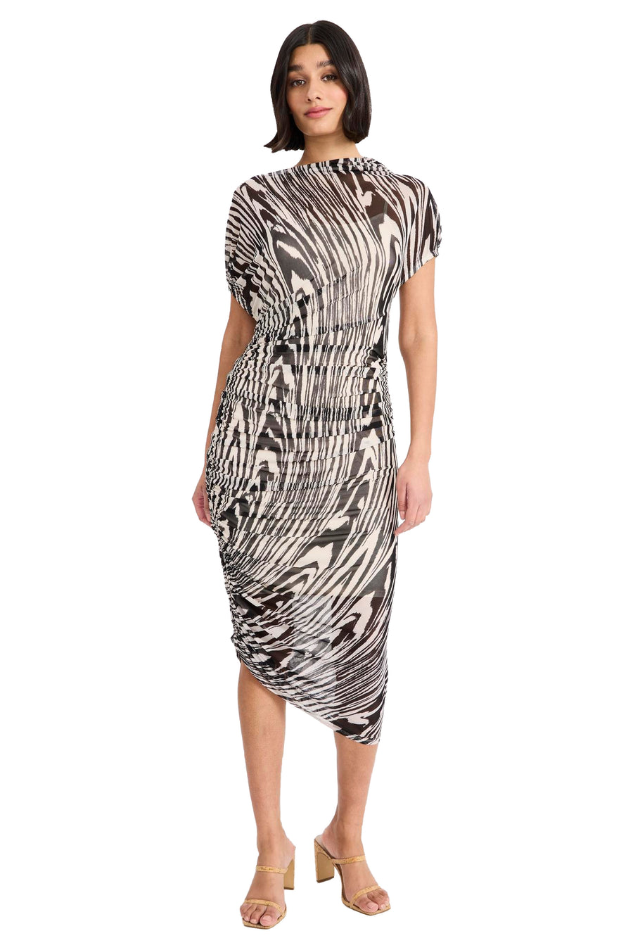 Bev Mesh Asymmetrical Ruched Midi