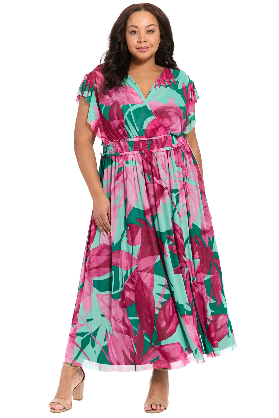 London Times Plus Size Flutter-Sleeve Surplice Neck Tiered Maxi Dress - Navy/Green