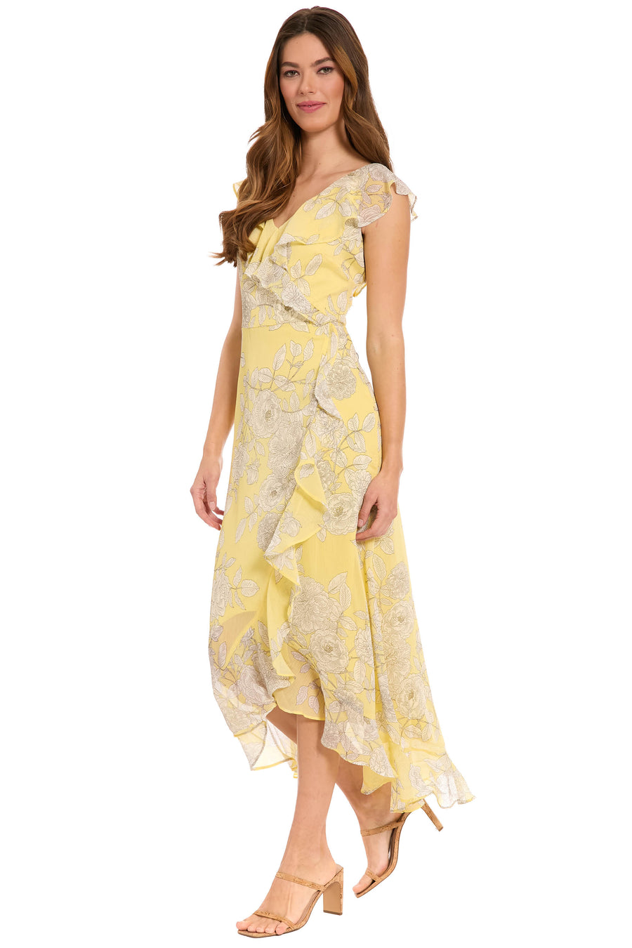 Alessandra Ruffle Faux Wrap Dress in Line Bloom A-Line | London Times Maggy London Alessandra Ruffle Faux Wrap Dress in Line Bloom A-Line | London Times Maggy London