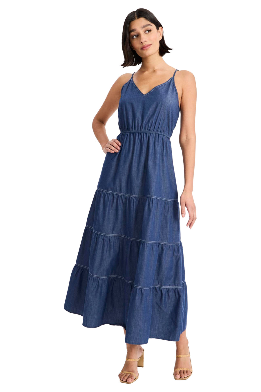 Pat Spaghetti Strap Denim Midi Dress