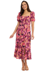 Kristin in Texture Floral Midi Puff Sleeve Dress