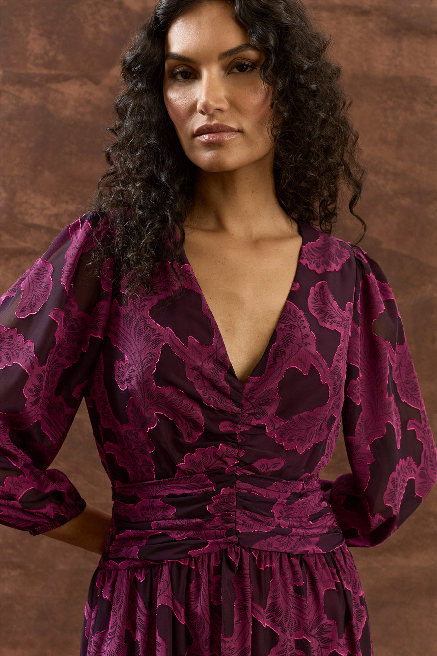 Juliana Ruched Waist V-neck Flocked Midi