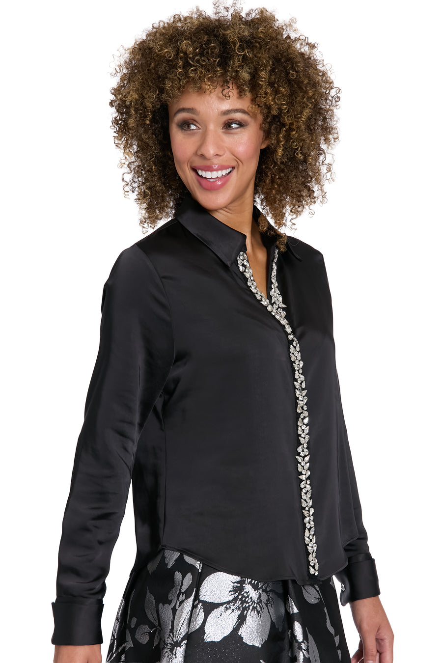 Roosevelt Jeweled Placket Long Sleeve Top