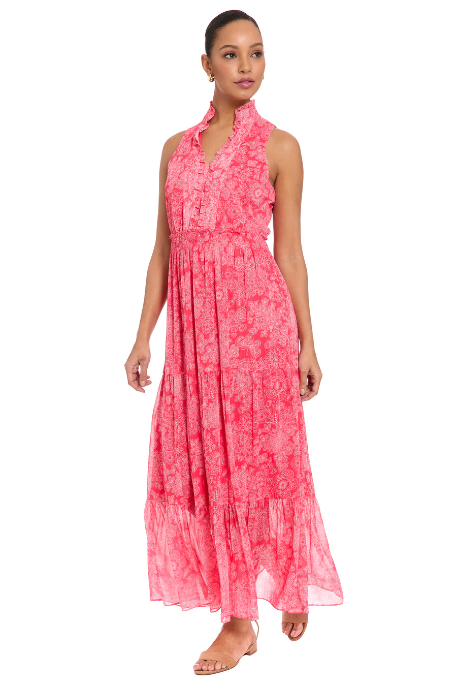 Brooke Ruffle Neck Smocked Maxi in Monotone Garden