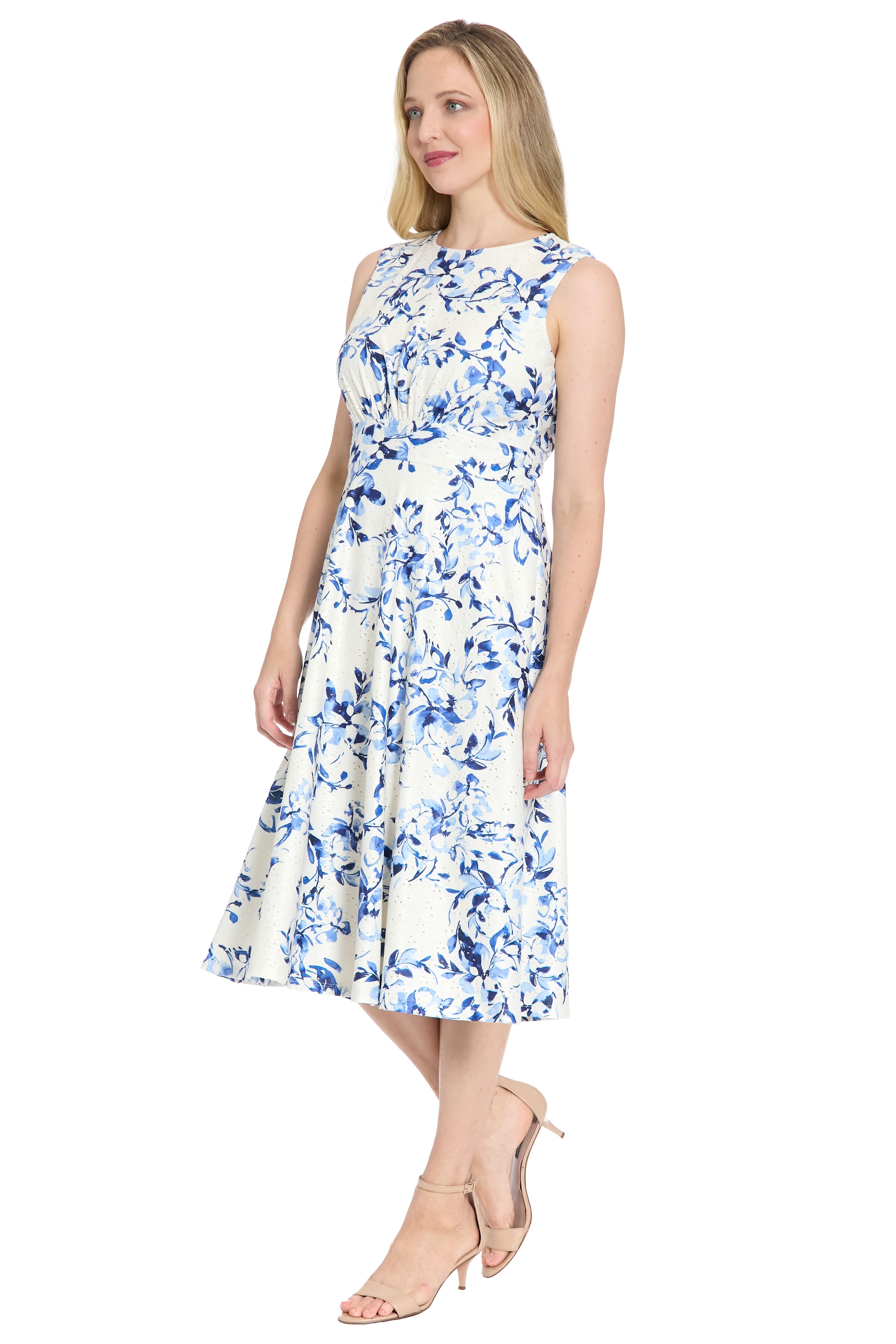 London Times Floral Sleeveless Inset Waist Eyelet Midi Dress - Ivory/ Blue