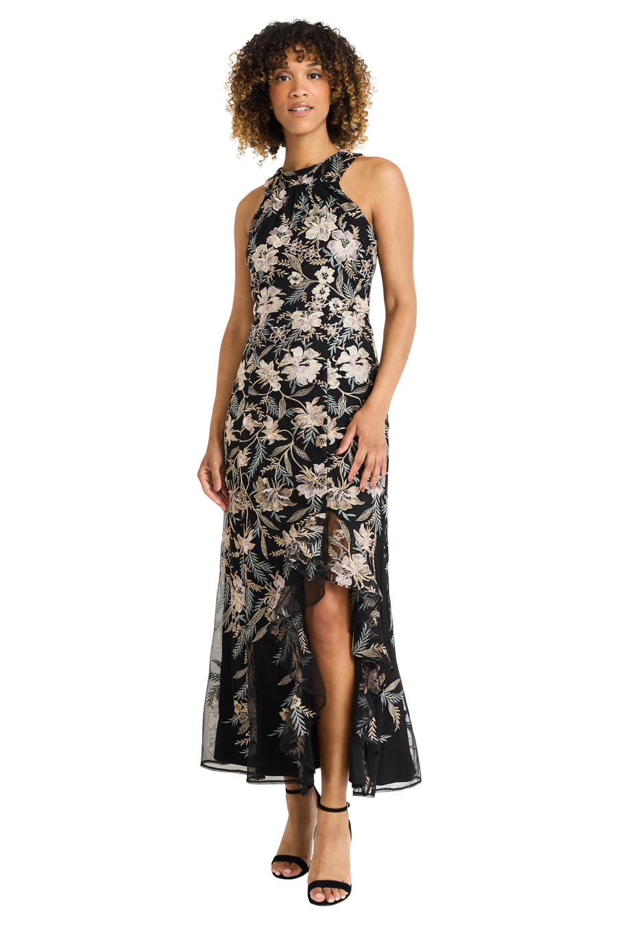 Maggy London Floral Embroidered Mesh Gown in Black/Mauve/Gold at Nordstrom, Size 6 Maggy London Floral Embroidered Mesh Gown in Black/Mauve/Gold at Nordstrom, Size 6