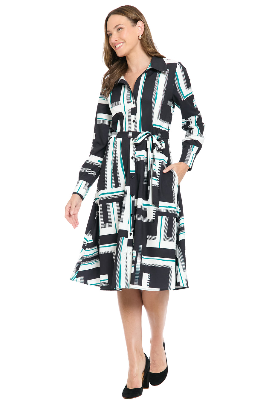 London Times Women's PRINT SHIRT DRESS WITH BELT, Green, 24 W London Times Women's PRINT SHIRT DRESS WITH BELT, Green, 24 W