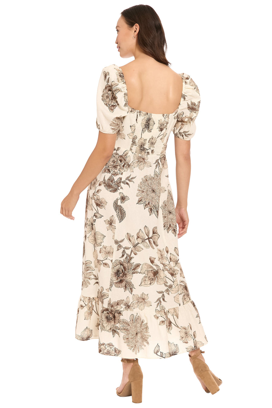 London Times Puff Sleeve Empire Waist Midi Dress - Soft White/ Slate Blue