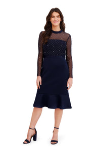 Laurenda Beaded Pearl Illusion Mesh Dress