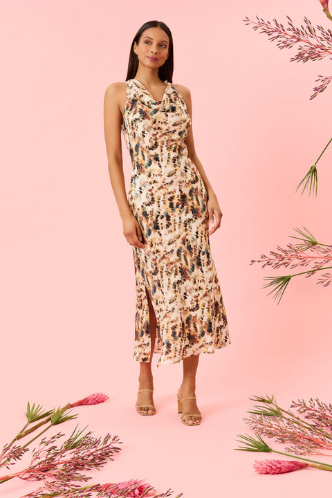 Donna Morgan Printed Woven Cowl Neck Sleeveless Column Midi Dress, Womens, 2, White/Brown