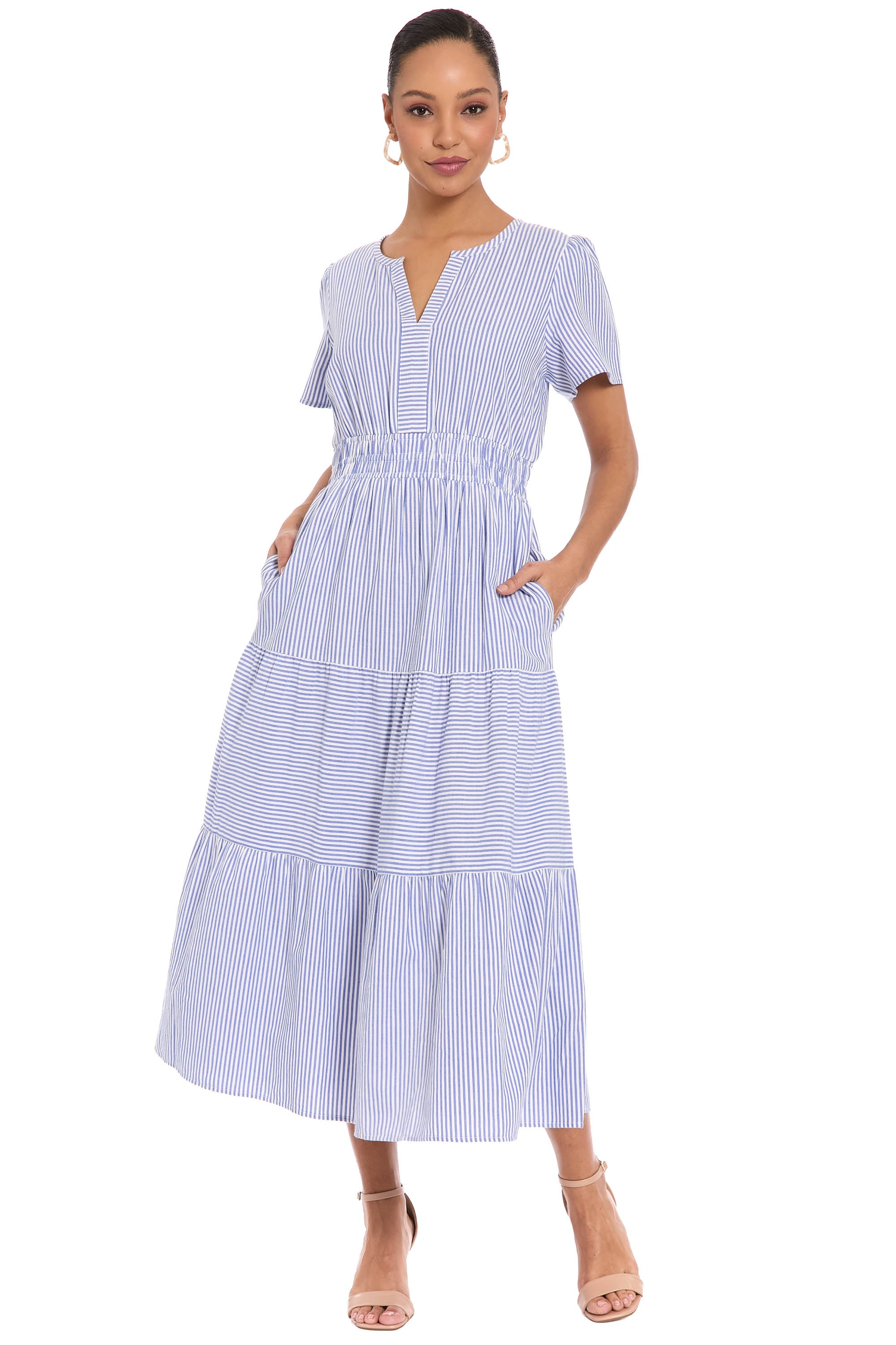Rachael Striped Elastic Waist Midi Fit and Flare | London Times