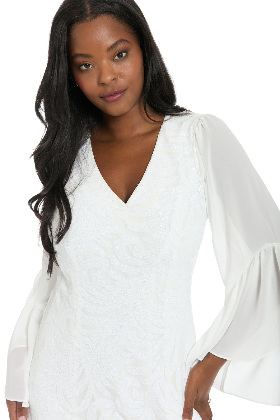 Maud Sheer Flounce Sleeve in Oceanic Sequin