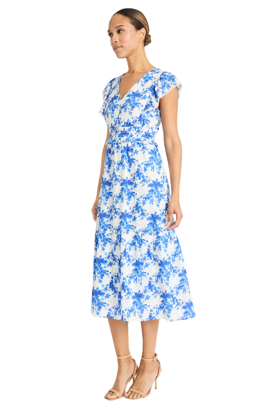 Yvonne Fit and Flare Short Sleeve Midi Dress | Maggy London BLUE/WHITE / Standard / 2 Yvonne Fit and Flare Short Sleeve Midi Dress | Maggy London BLUE/WHITE / Standard / 2