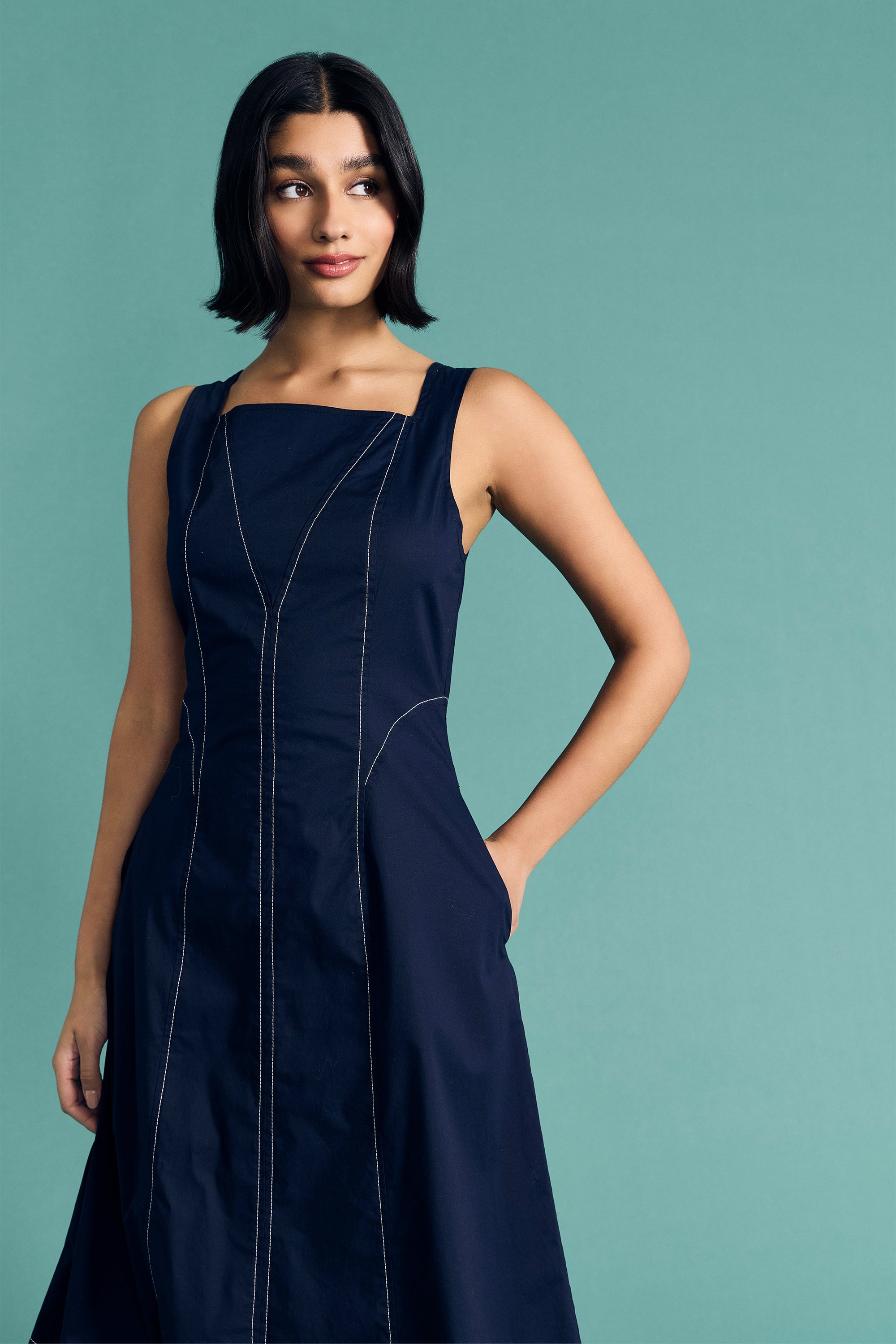 Vicki Cotton Square Neck Sleeveless Midi Fit and Flare | Maggy London