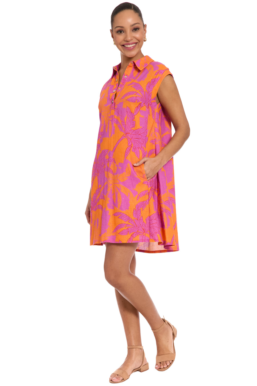 Tessa Collared Sleeveless Linen Dress Shift | London Times ORANGE/HOT PINK / Standard / xl Tessa Collared Sleeveless Linen Dress Shift | London Times ORANGE/HOT PINK / Standard / xl