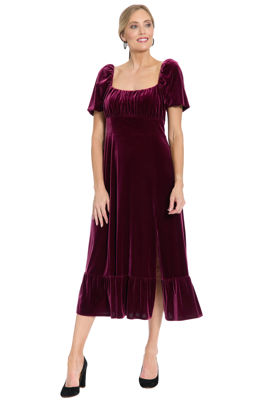 Kristin Short Sleeve in Velvet A-Line Maxi Dress | London Times Maggy London Kristin Short Sleeve in Velvet A-Line Maxi Dress | London Times Maggy London