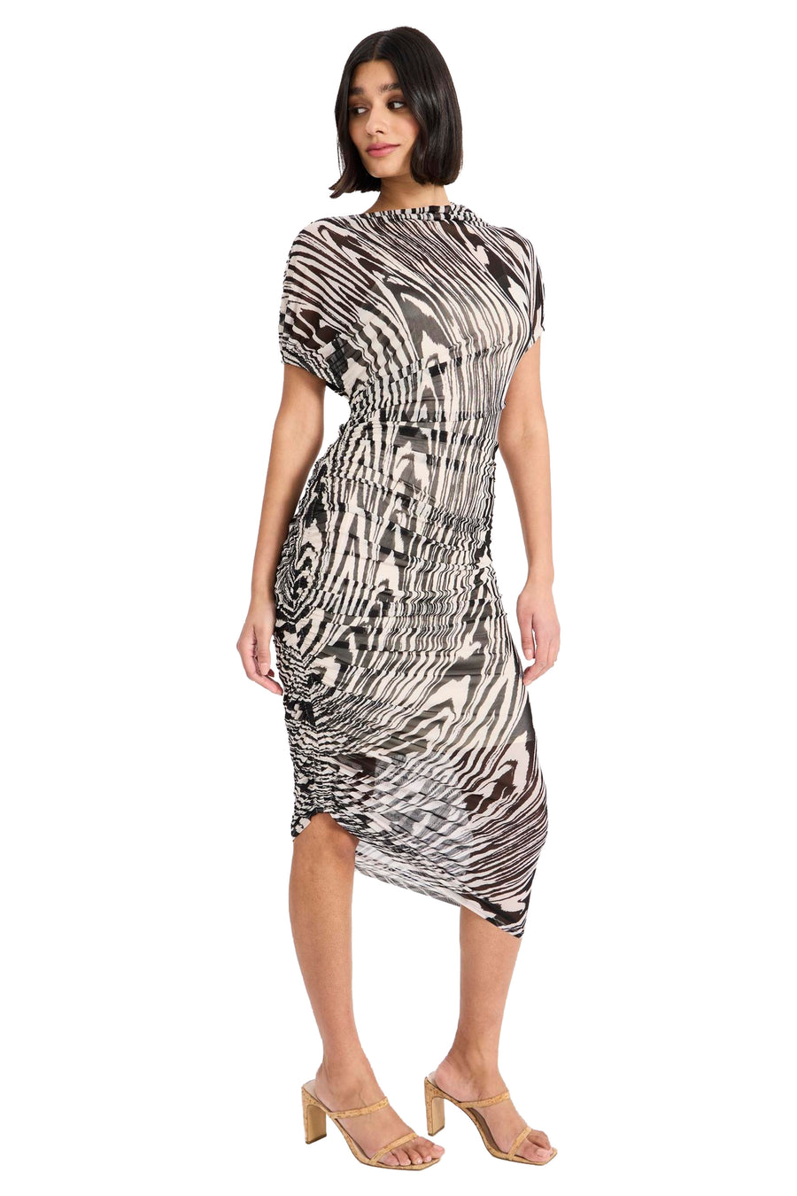 Bev Mesh Asymmetrical Ruched Midi