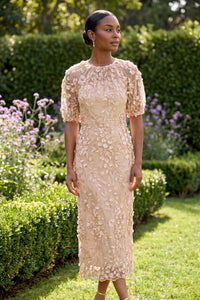 Marigold Dress Textured 3D Embroidered Tea Length