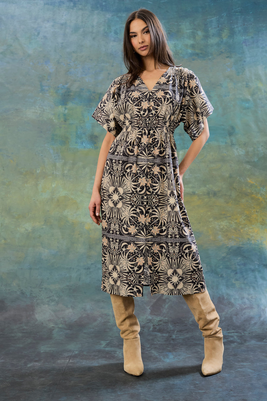 Jackson Smocked Waist Printed Midi Dress A-Line | The Good Journey Maggy London Jackson Smocked Waist Printed Midi Dress A-Line | The Good Journey Maggy London