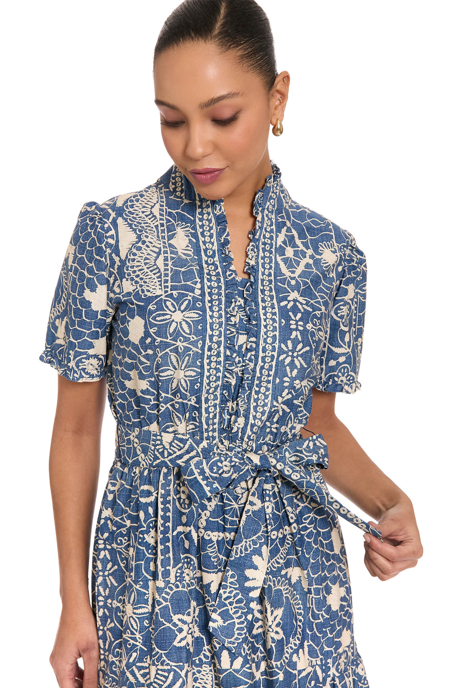 Mackenzie Cotton Ruffle Sleeve Maxi in Lace Denim
