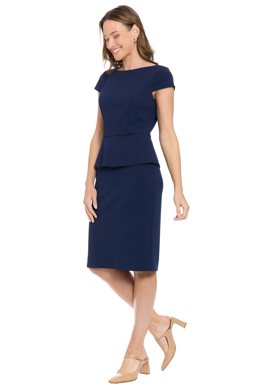 Nadya Cap Sleeve Peplum Sheath in Scuba Crepe
